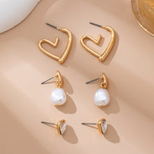 Load image into Gallery viewer, Heart Drop Pearl Studed Hoop Trio Earrings Set