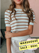 Load image into Gallery viewer, Mocha Scallop Stripe Crochet Pointelle Short Sleeve Top- stretchy