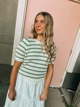 Load image into Gallery viewer, Sage Stripe Crochet Pointelle Short Sleeve Top- stretchy