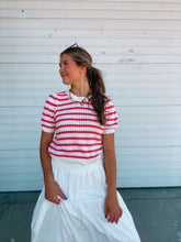 Load image into Gallery viewer, Taffy Pink Stripe Crochet Pointelle Short Sleeve Top- stretchy