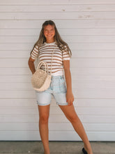 Load image into Gallery viewer, Brown Stripe Crochet Pointelle Short Sleeve Top- stretchy