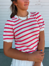 Load image into Gallery viewer, Taffy Pink Stripe Crochet Pointelle Short Sleeve Top- stretchy