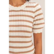 Load image into Gallery viewer, Mocha Stripe Crochet Pointelle Short Sleeve Top- stretchy