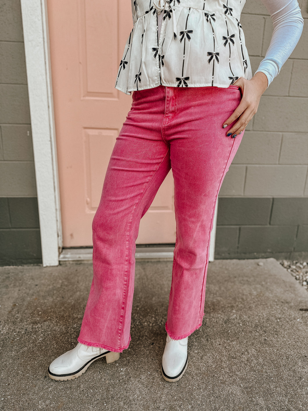 Pink Boot Cut Wide Leg Denim-Stretchy