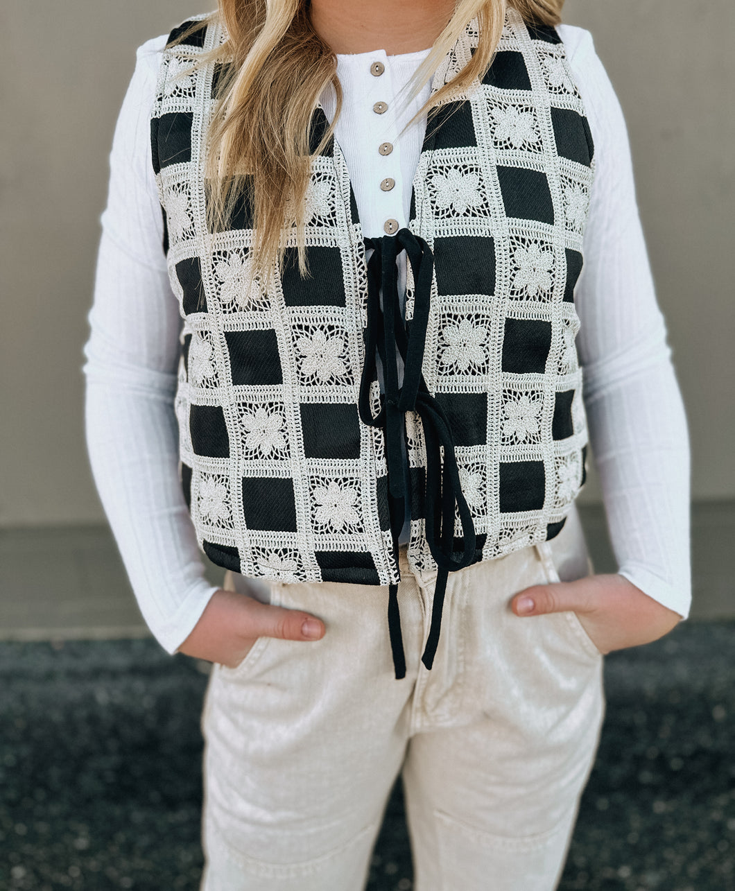 Mazie Crochet Check Quilted Tie up Vest