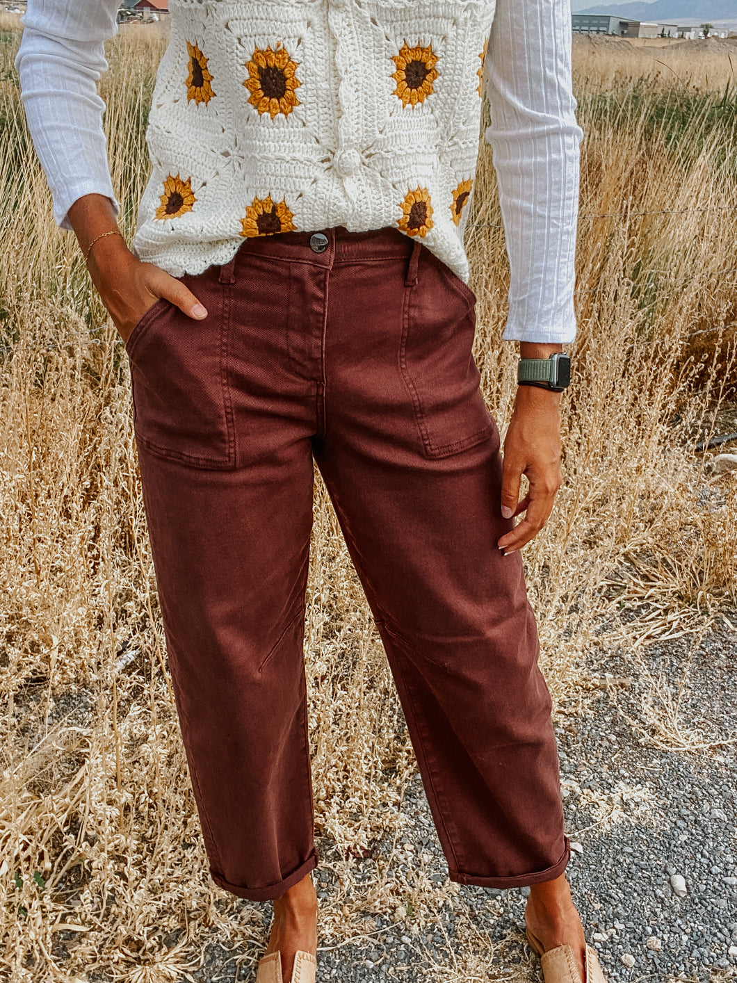 Soft Brown Risen Barrel Denim- Stretchy