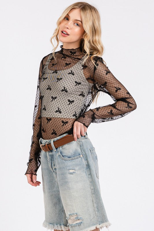 Black Bow Mesh Top - stretchy