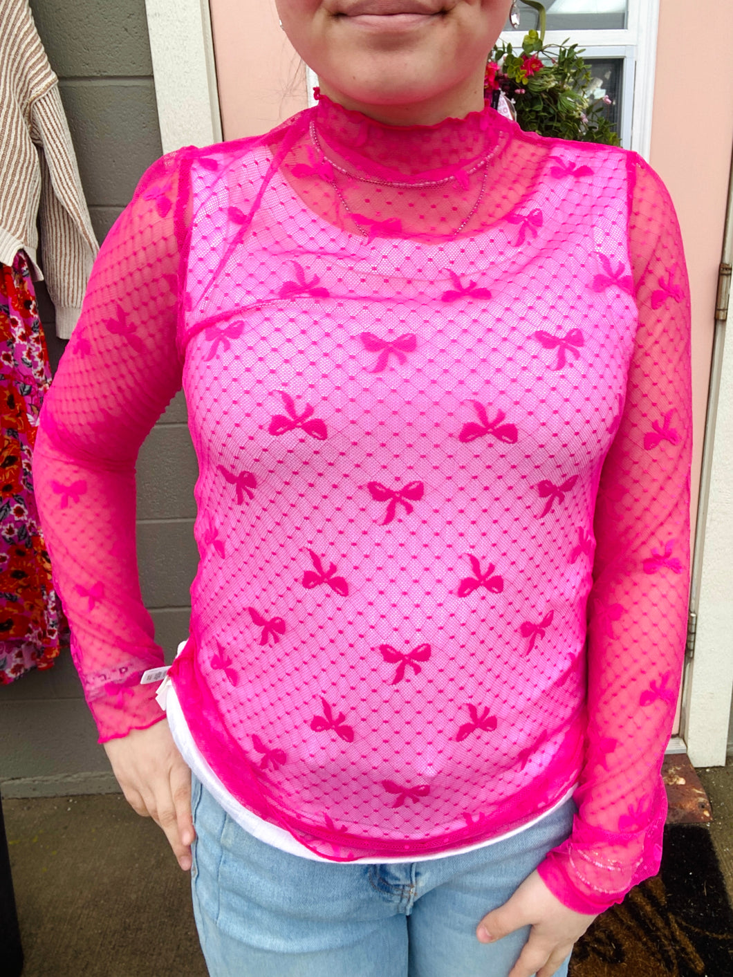 Hot Pink Bows-N-Dot Mesh Top - stretchy