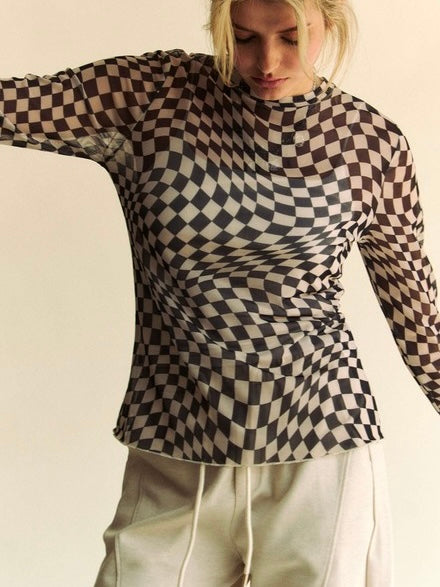 Black check Mesh Top - stretchy