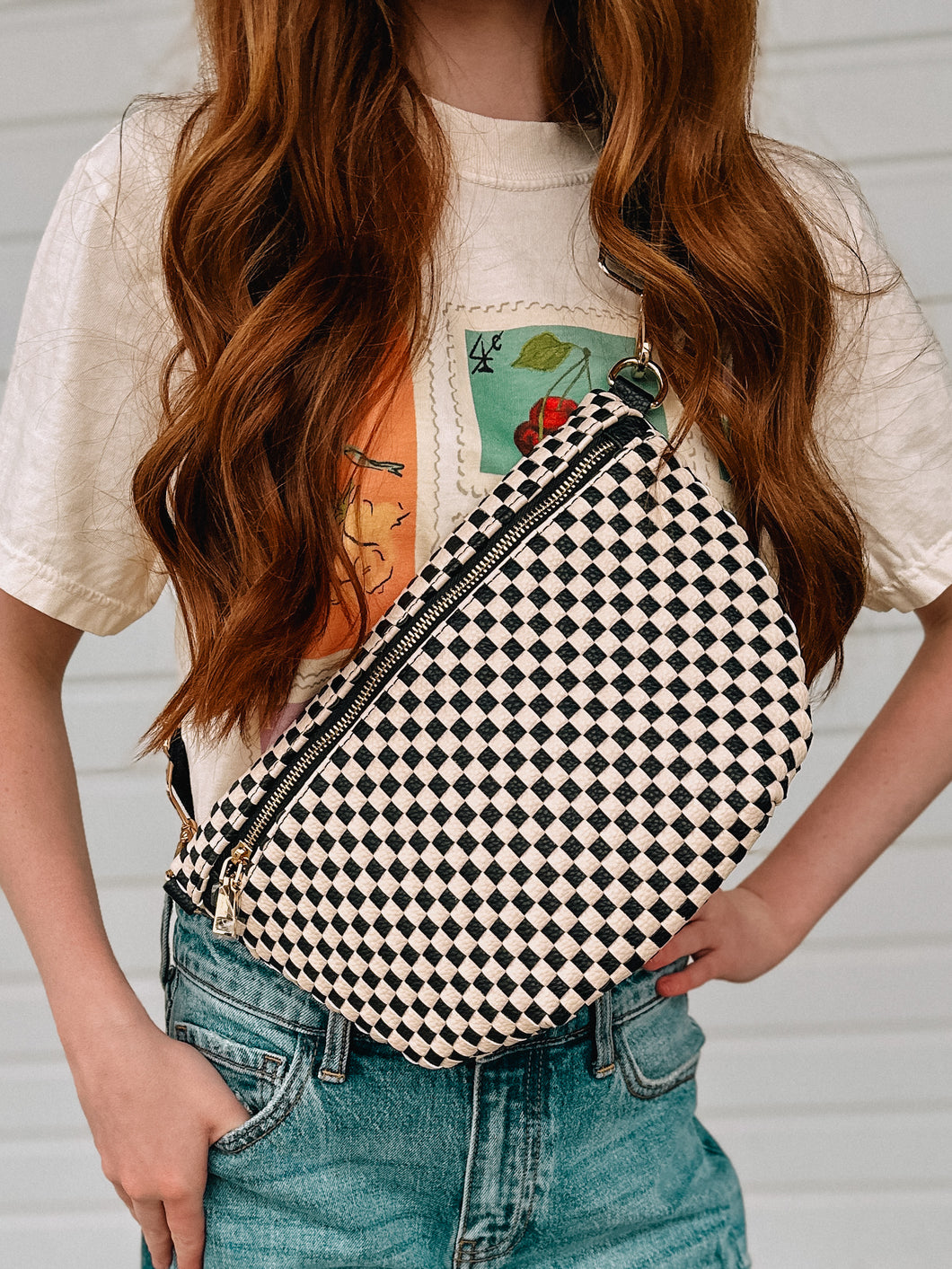 Lainey Woven Check Purse - Cream & black