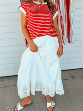 Load image into Gallery viewer, Rumi Lace Eyelet Tiered Smocked Skirt- Stretch Waist
