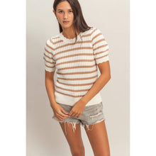 Load image into Gallery viewer, Mocha Stripe Crochet Pointelle Short Sleeve Top- stretchy
