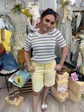 Load image into Gallery viewer, Mocha Stripe Crochet Pointelle Short Sleeve Top- stretchy
