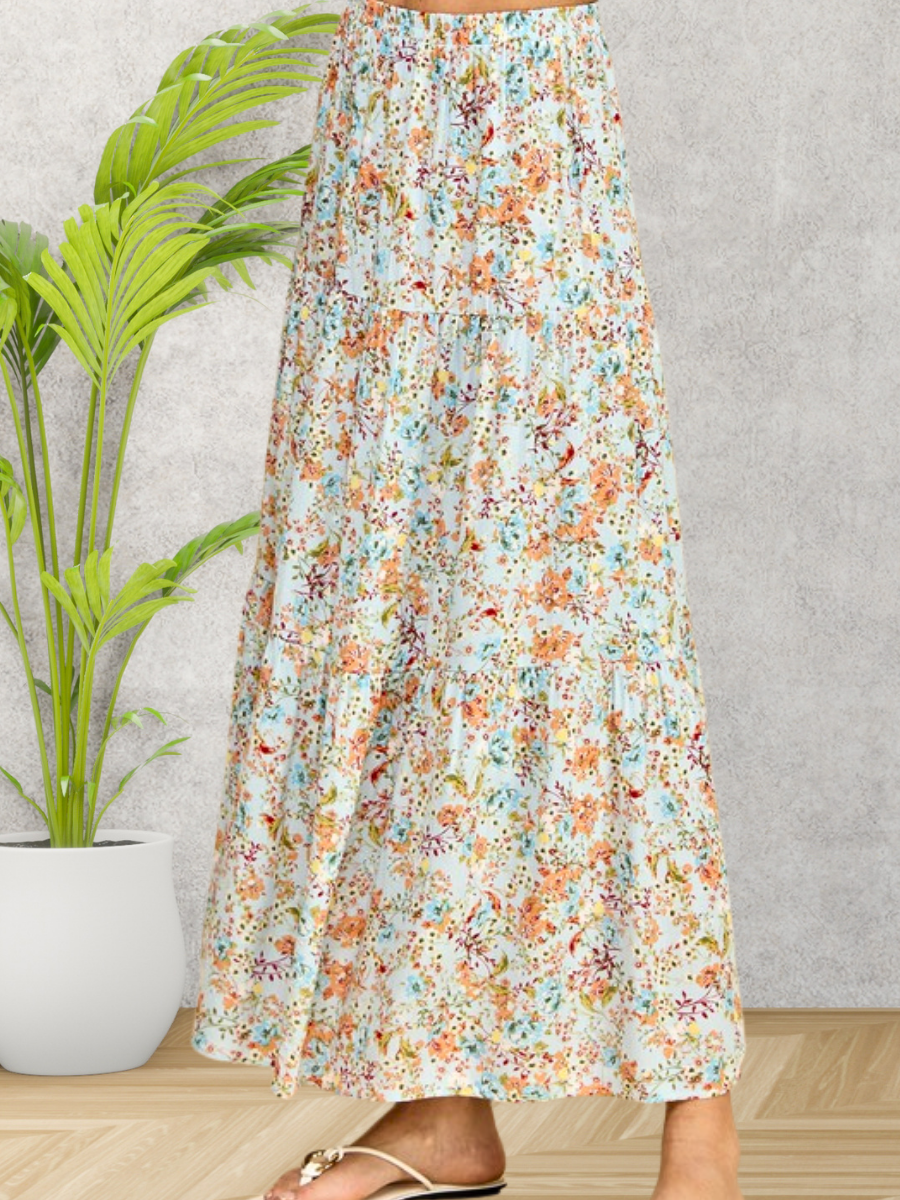 Soft Aqua Scattered Bloom Skirt- Elastic Waist – ADORNit