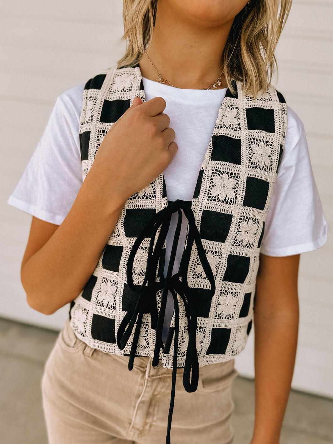Maya Crochet Check Quilted Tie up Vest