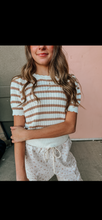 Load image into Gallery viewer, Mocha Scallop Stripe Crochet Pointelle Short Sleeve Top- stretchy
