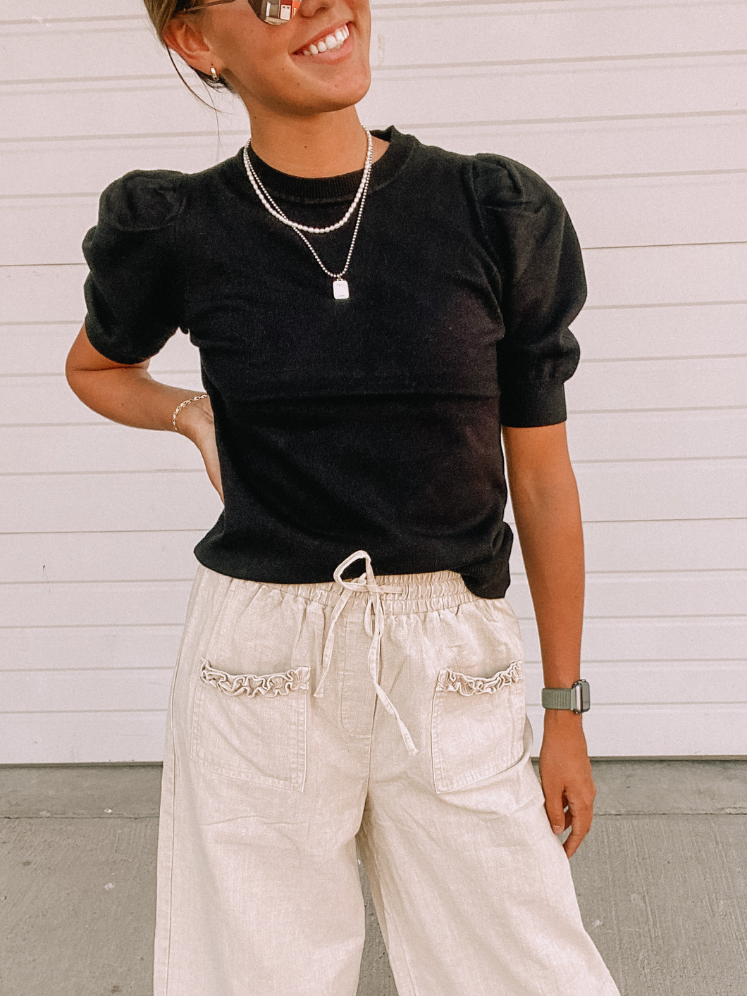 Black Milan Solid Sweater Tops - stretch