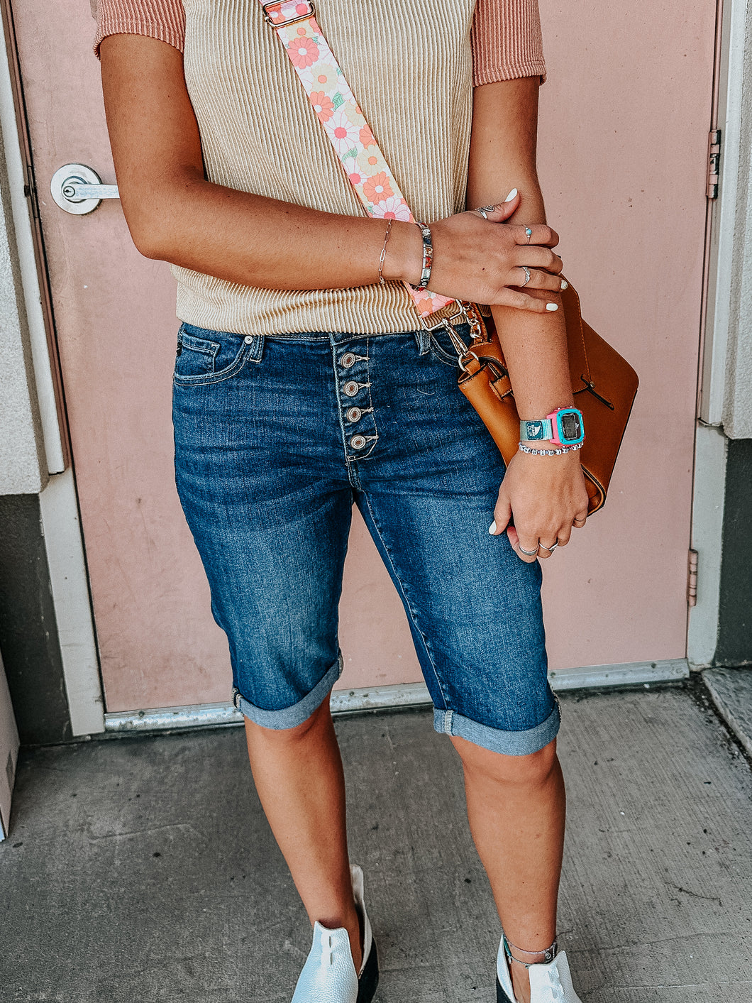 Button Down KanCan Denim Bermuda Shorts-Stretchy
