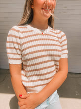 Load image into Gallery viewer, Brown Stripe Crochet Pointelle Short Sleeve Top- stretchy
