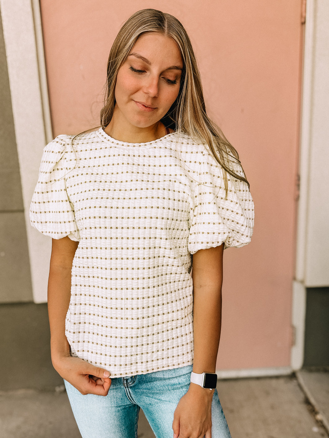 Harvest Check Soft Beige Blouse - Stretchy