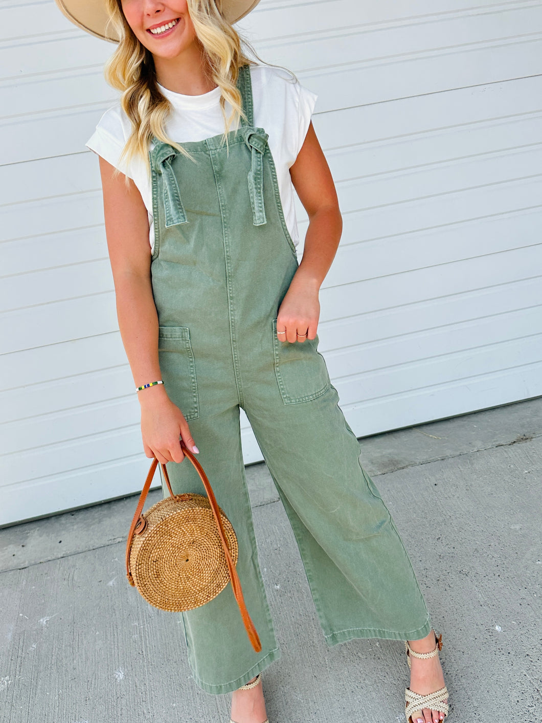 Overall Olive Wide Leg-stretch denim