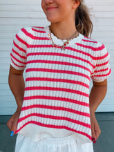 Load image into Gallery viewer, Taffy Pink Stripe Crochet Pointelle Short Sleeve Top- stretchy
