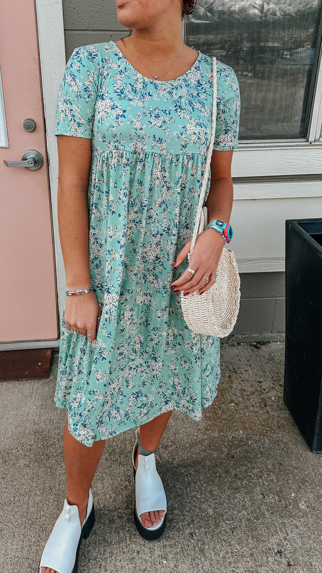 Whimsy Mint Floral Buttersoft Dress- Stretchy