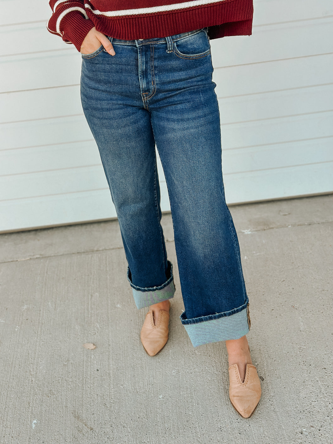 Roxie Dark Wash Tall Cuff Denim- Stretchy