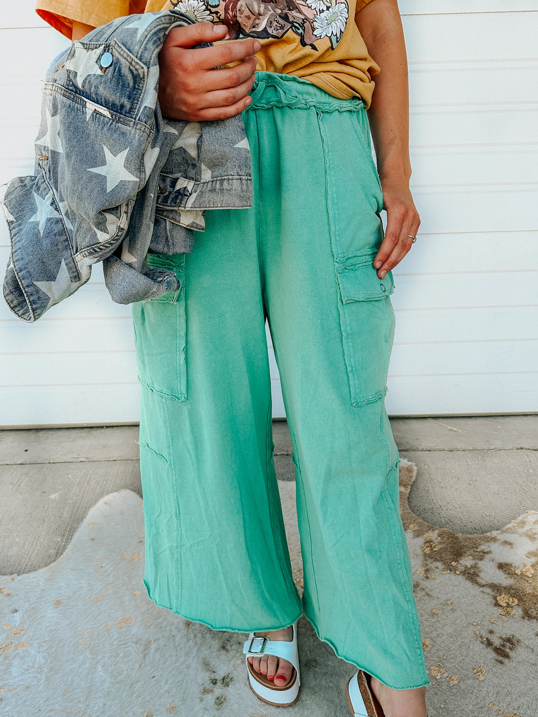 Teal Cargo Mineral Wash Pants