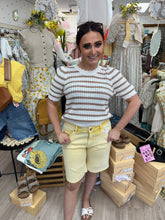Load image into Gallery viewer, Mocha Stripe Crochet Pointelle Short Sleeve Top- stretchy
