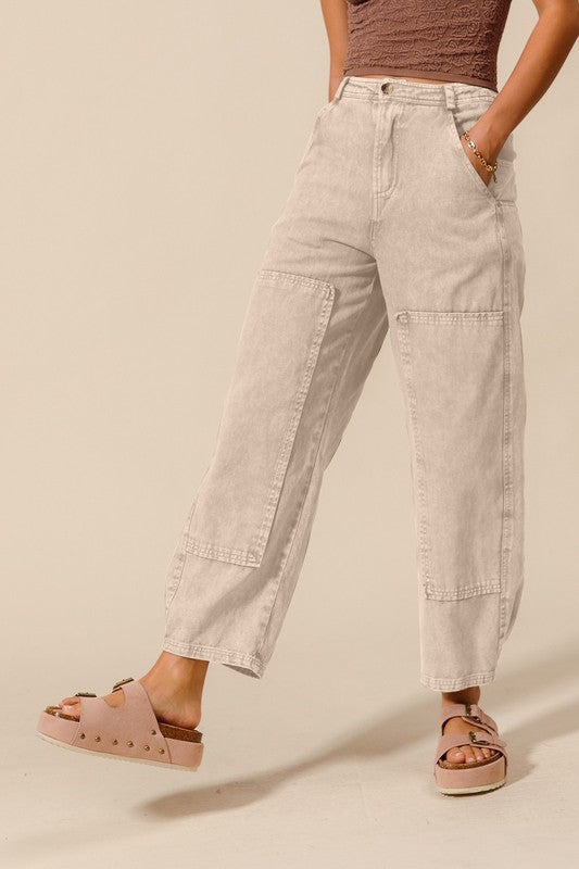 Oatmeal Barrel Washed Denim-Elastic Waist