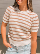 Load image into Gallery viewer, Brown Stripe Crochet Pointelle Short Sleeve Top- stretchy
