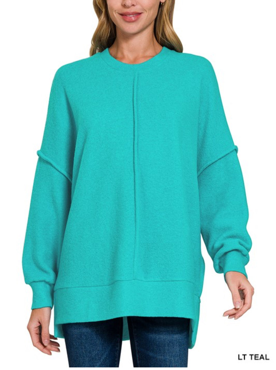 Teal FREYA Raw Edge Pullover-Stretchy