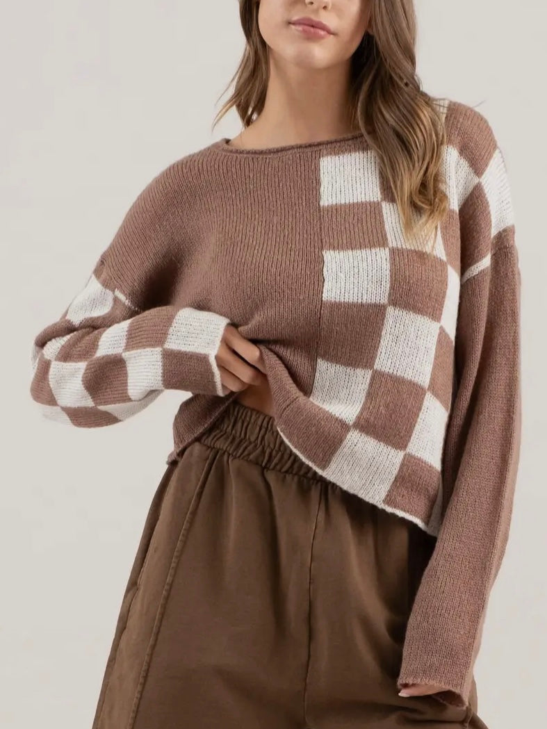 HOTBUY**Mocha Checked Knit Pullover