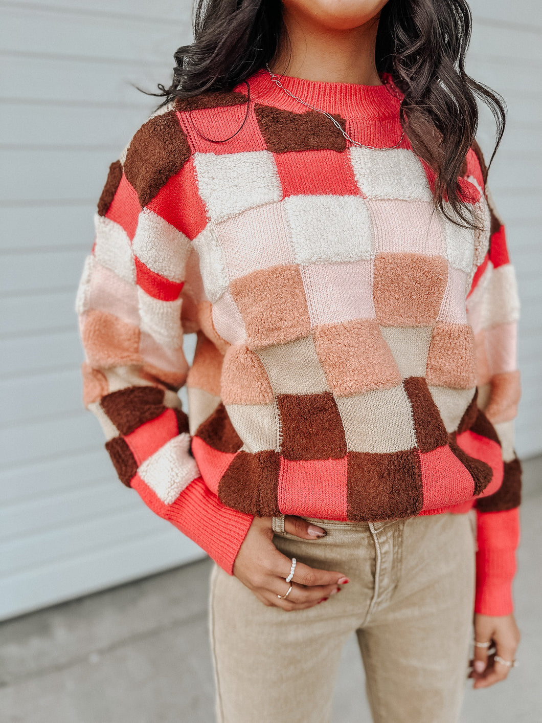 Coral Crush Checkered Pullover