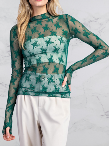 Green Lace Long Sleeve Burnout- stretch