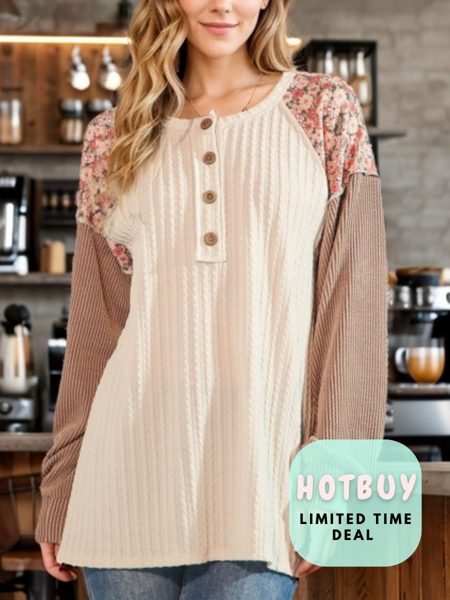Creme N Floral Fall Colorblock Knit Top -Stretchy