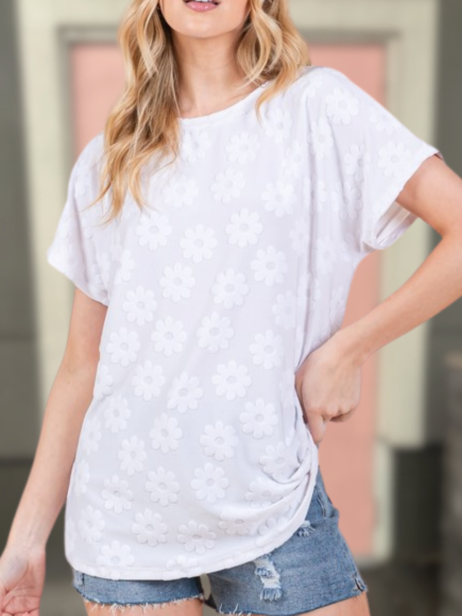 Happy Daisy Textured Top White- stretch