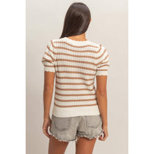Load image into Gallery viewer, Mocha Stripe Crochet Pointelle Short Sleeve Top- stretchy
